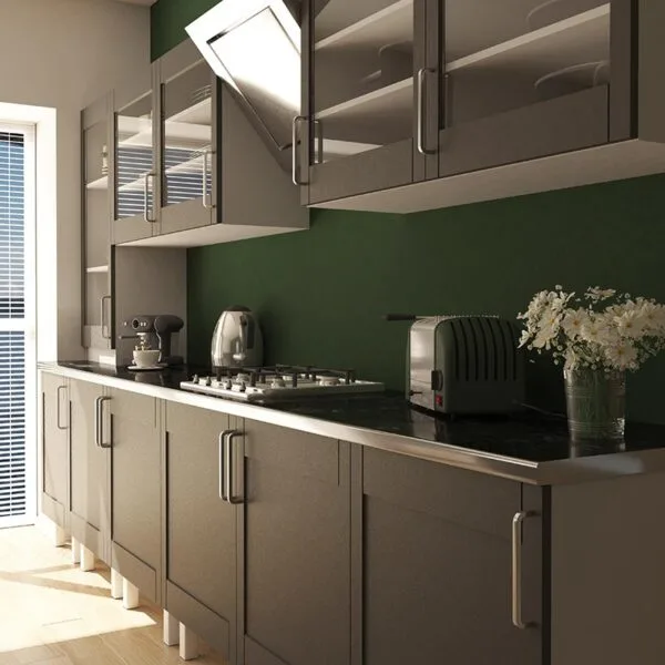 Modern aluminium kitchen design with matte finishes and handleless profiles by Rowenda Kitchen.