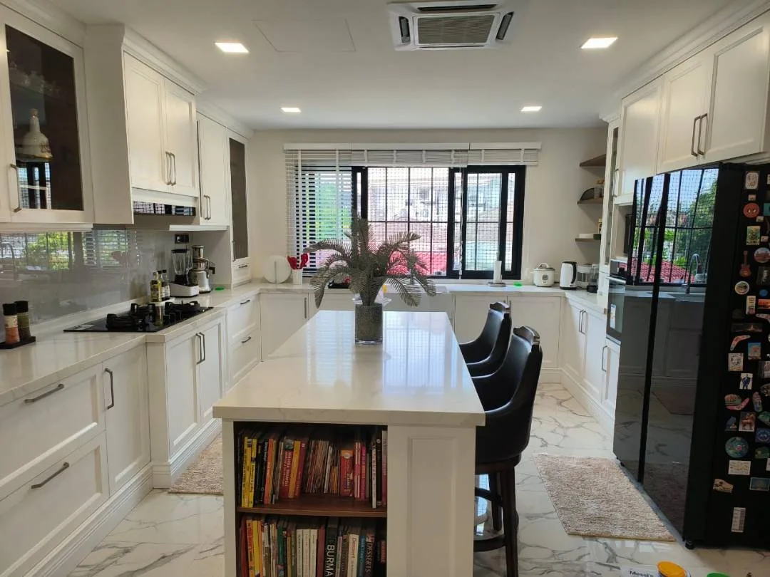 Contemporary kitchen layout with breakfast bar
