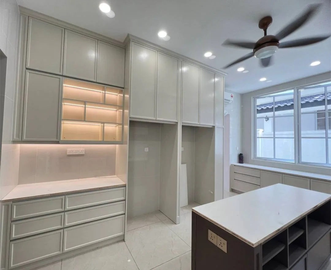 Contemporary kitchen with translucent glass cabinets