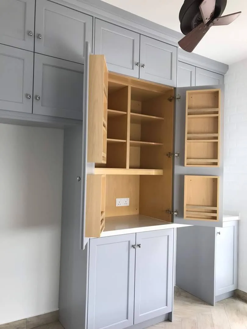 Contemporary kitchen with ceiling-height wall pantry