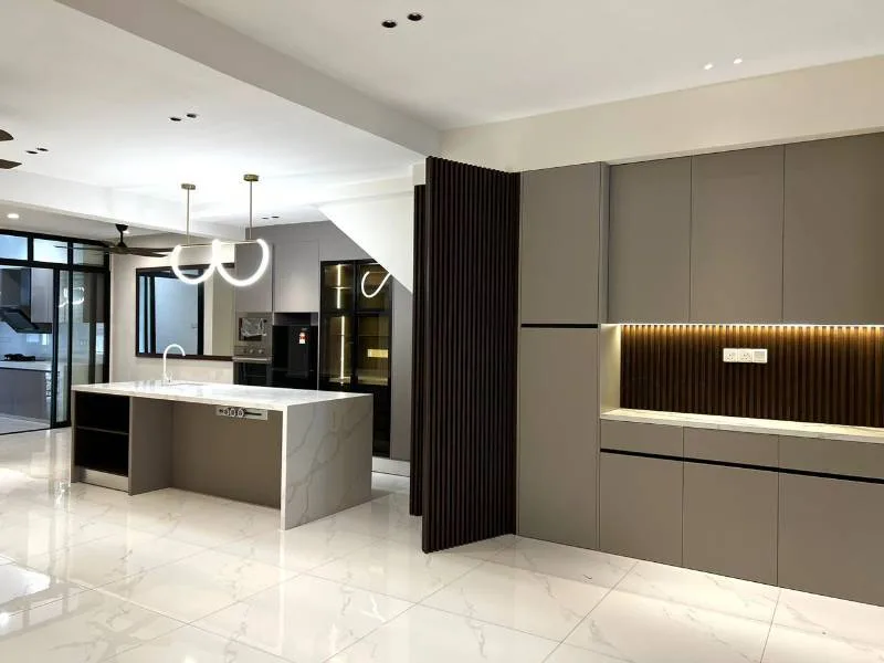 Modern kitchen with island and pendant lighting