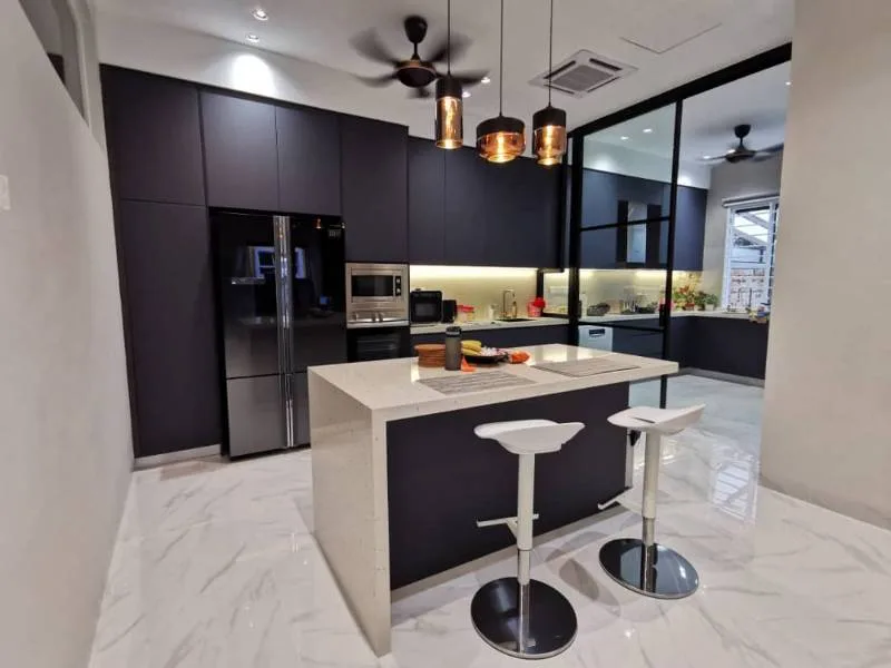Modern kitchen with quartz waterfall island